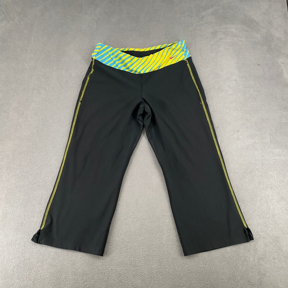 Nike Fit Dry Womens Capri Pants Black Striped Waistband Yellow Stitching M